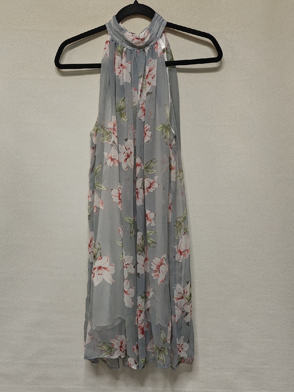 Easley Halter Floral Chiffon Midi Dress - Light Gray with Pink Flowers, Small